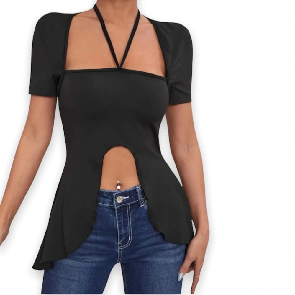 New Sexy Black Plain Asymmetrical Hem Tie Back Halter Short Sleeve Top - Picture 3 of 13